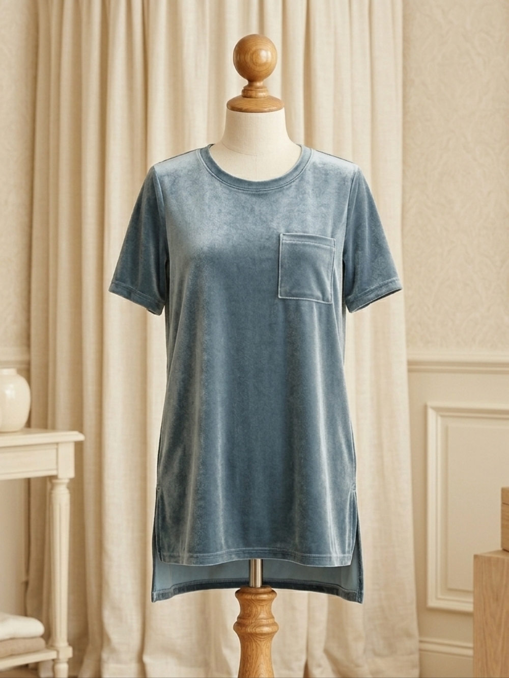 Velvet Blue Gray Tunic, Brand Z Avenue. Asymmetrical Hemline. Size Small